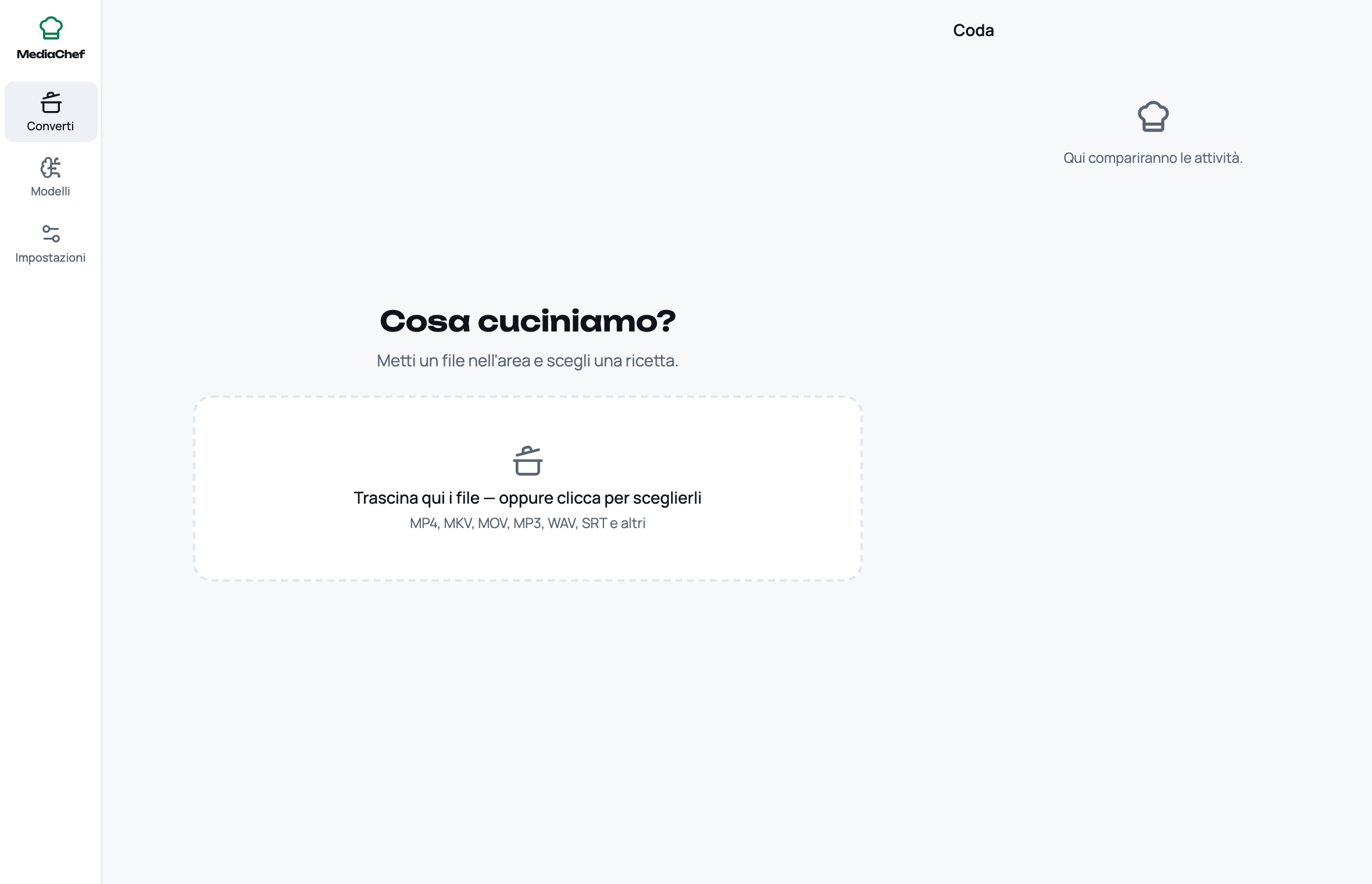 MediaChef pronto a convertire: il piano attende un file video, a destra c'è la coda dei lavori.